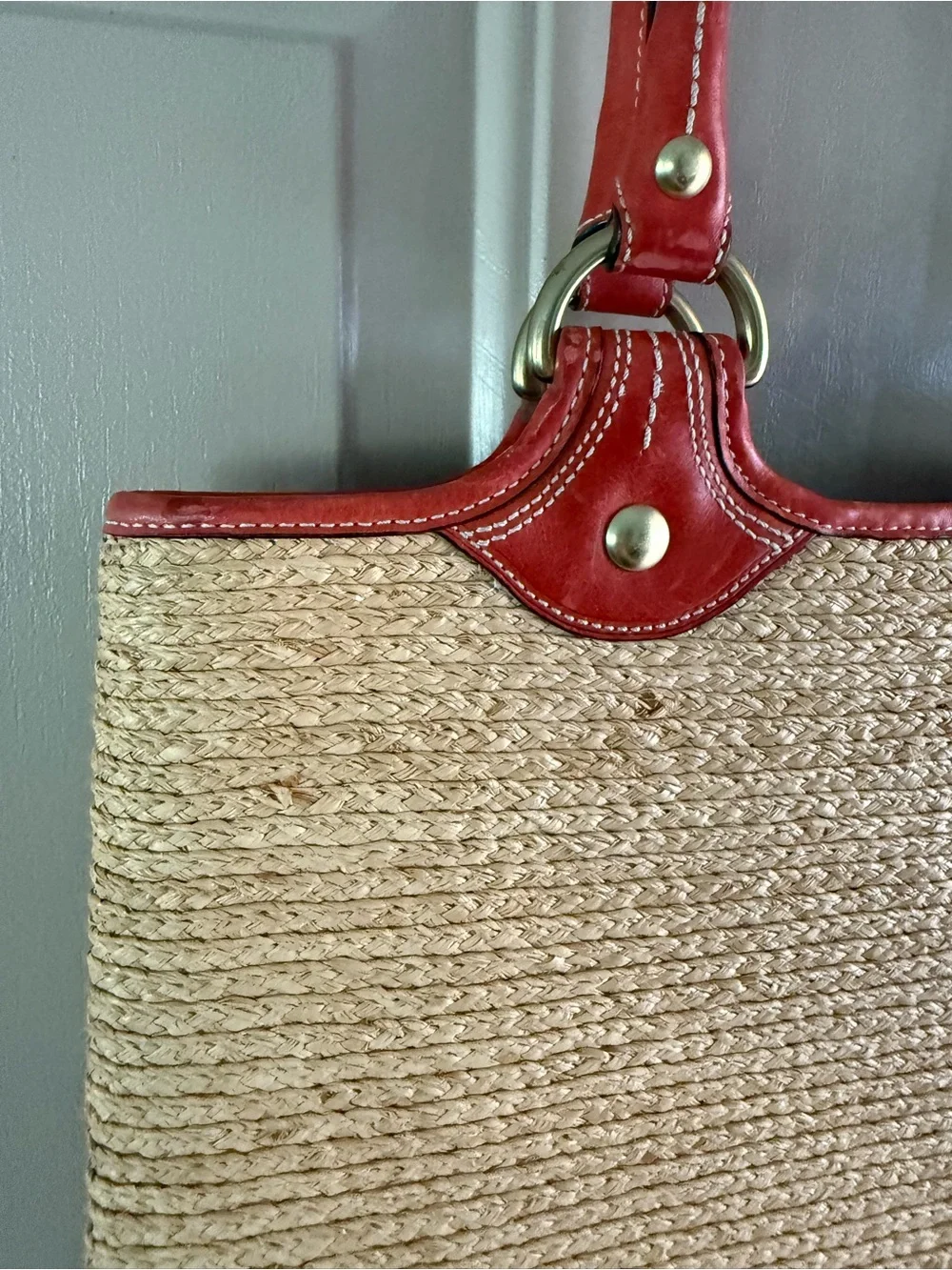 Coach Straw Tote with Red Leather Trim and Floral Applique